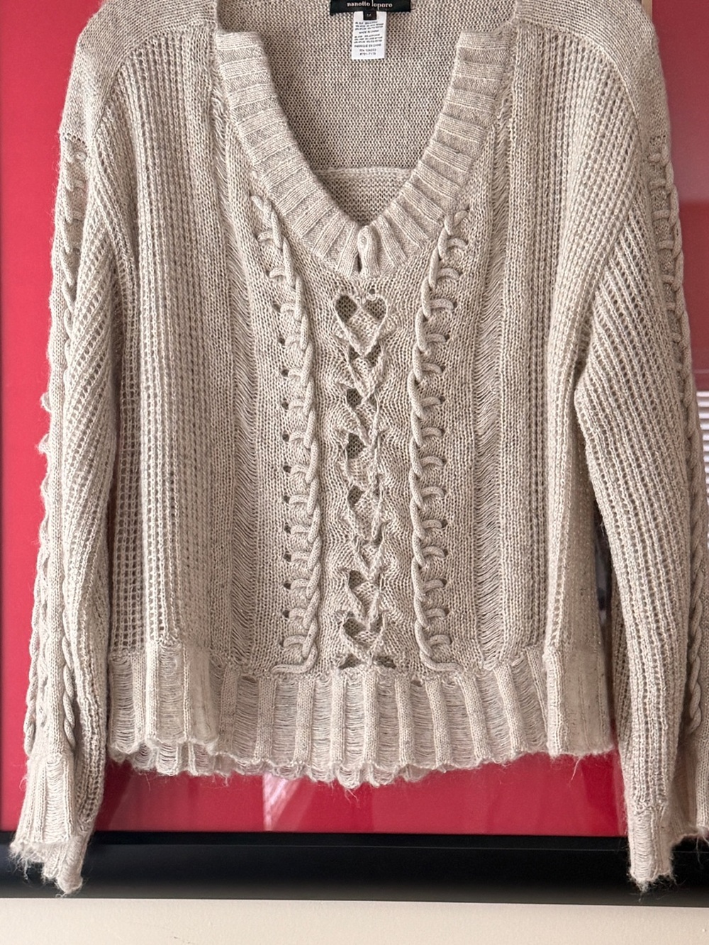 Nanette Lepore Cream Cable-Knit V-Neck Sweater